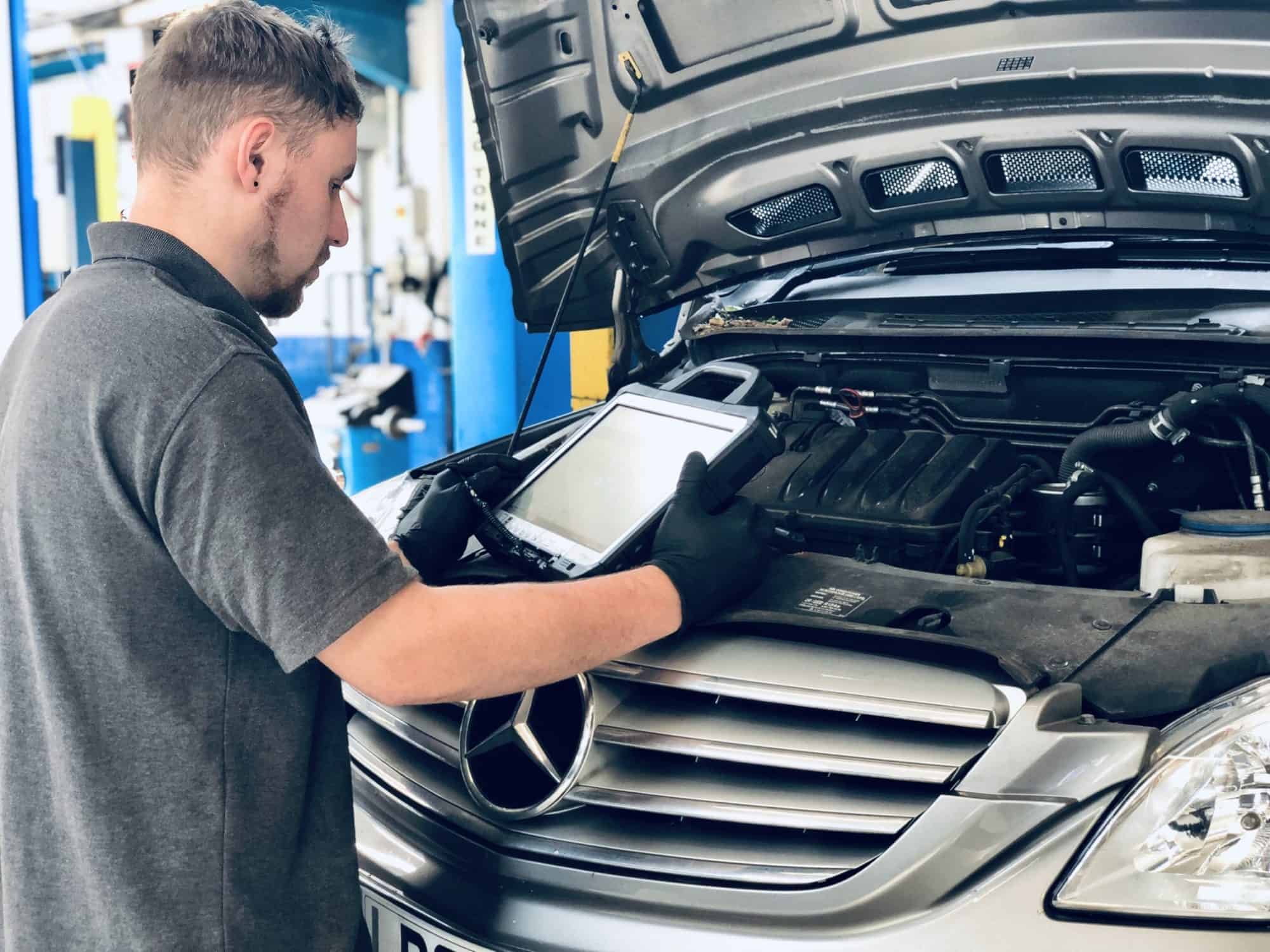 Our expert technician working on a Mercedes-Benz