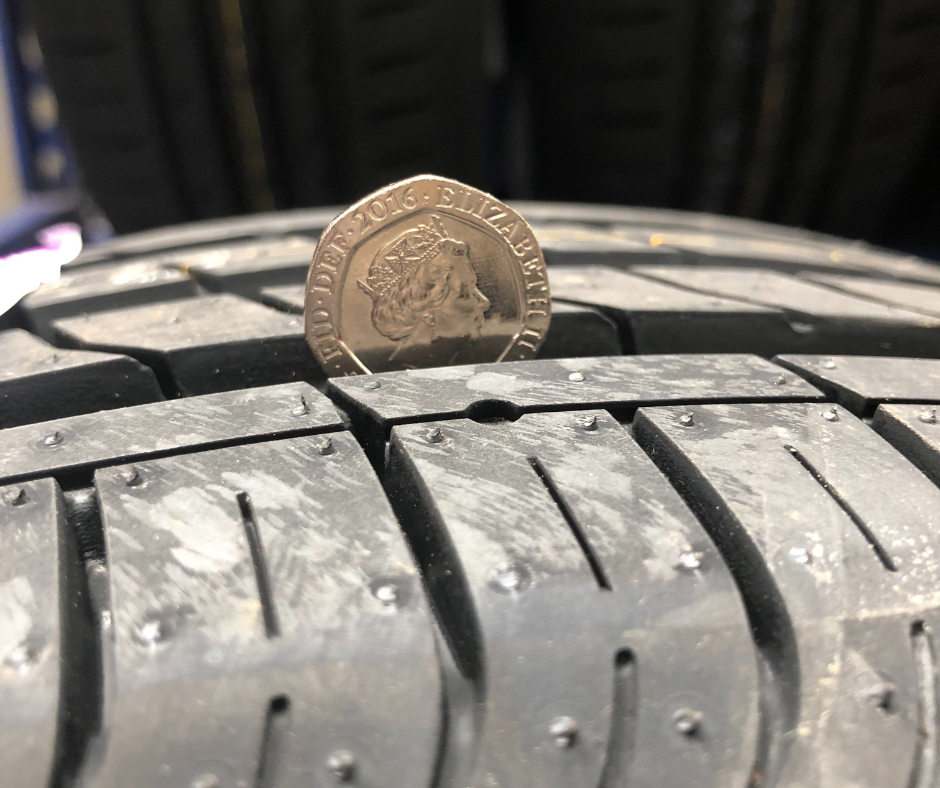 Checking the tyre tread with a 20p